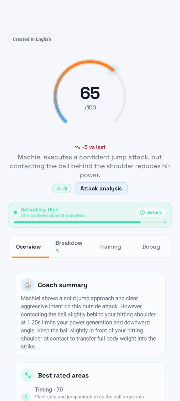 VBall AI attack analysis screen showing a score, coach summary and training feedback